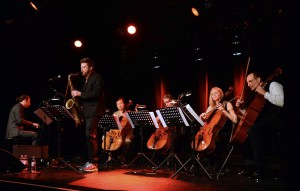 Neuer Deutschen Jazzpreis Mannheim in der Alten Feuerwache Wettbewerbsabend 14.03. Bild zeigt Lutz Haefner (Saxophon) Rainer Boehm (Klavier) Plus Celli © Rinderspacher